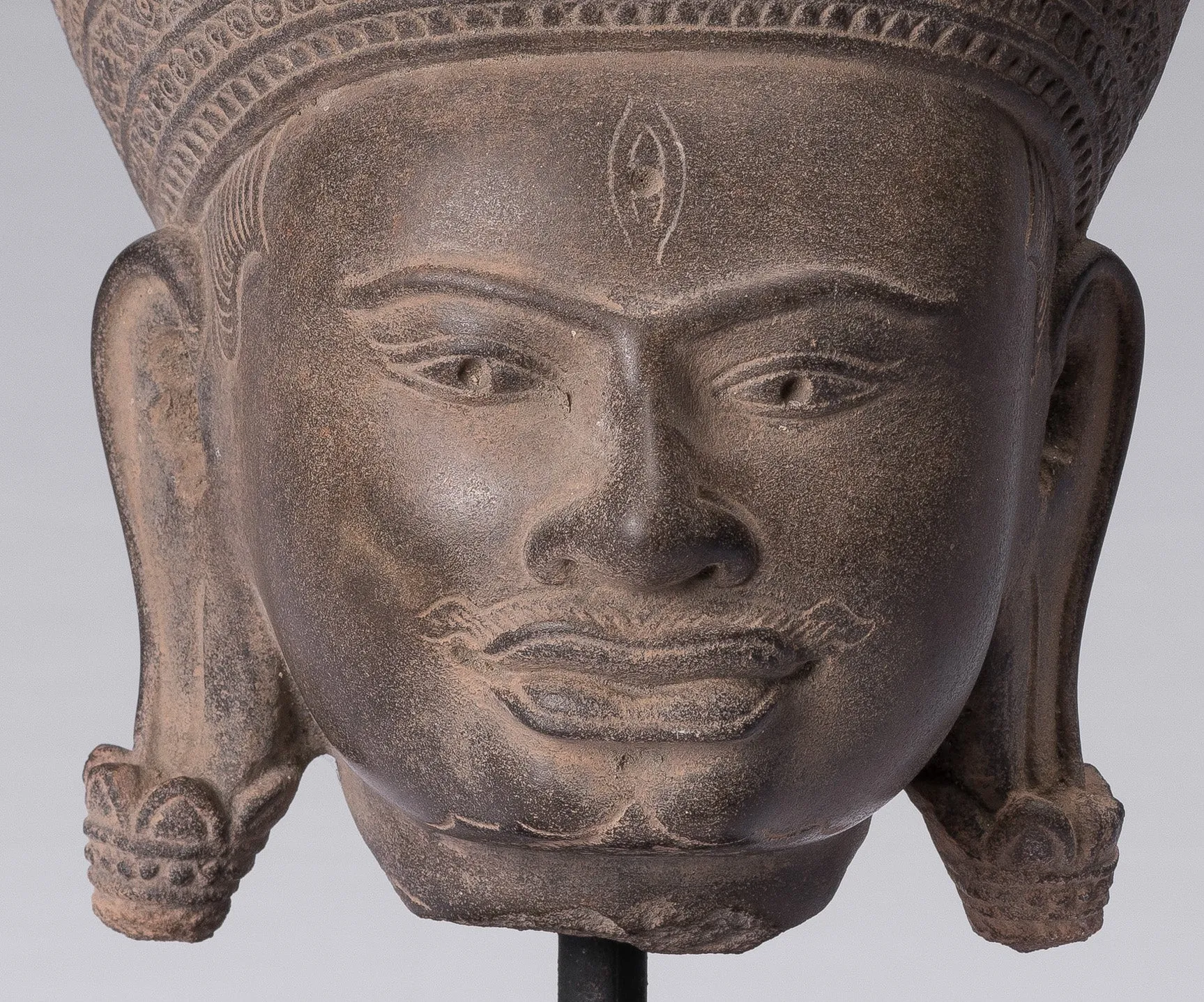 Shiva Statue - Antique Banteay Srei Style Khmer Stone Shiva Statue Head - Destroyer - 31cm/12"