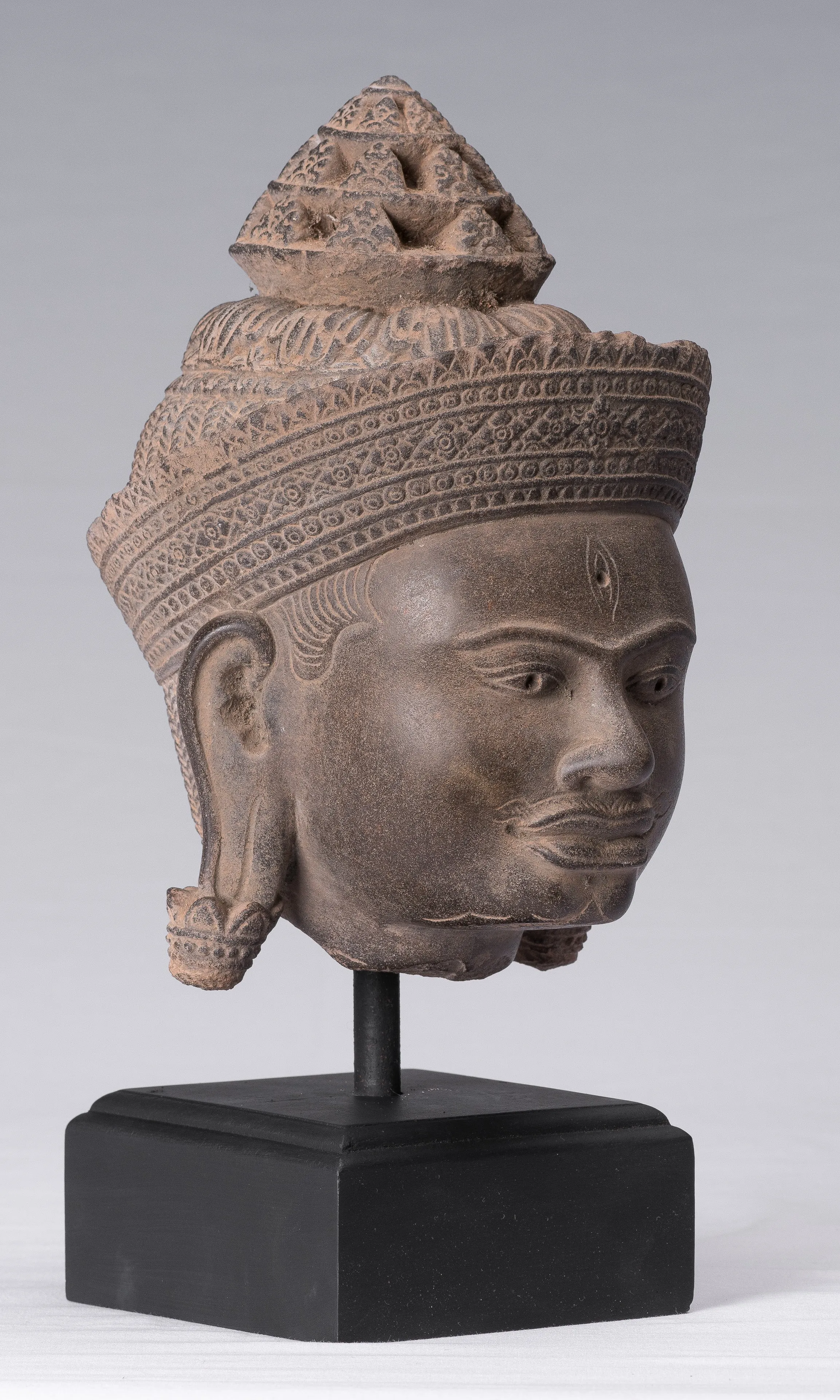 Shiva Statue - Antique Banteay Srei Style Khmer Stone Shiva Statue Head - Destroyer - 31cm/12"