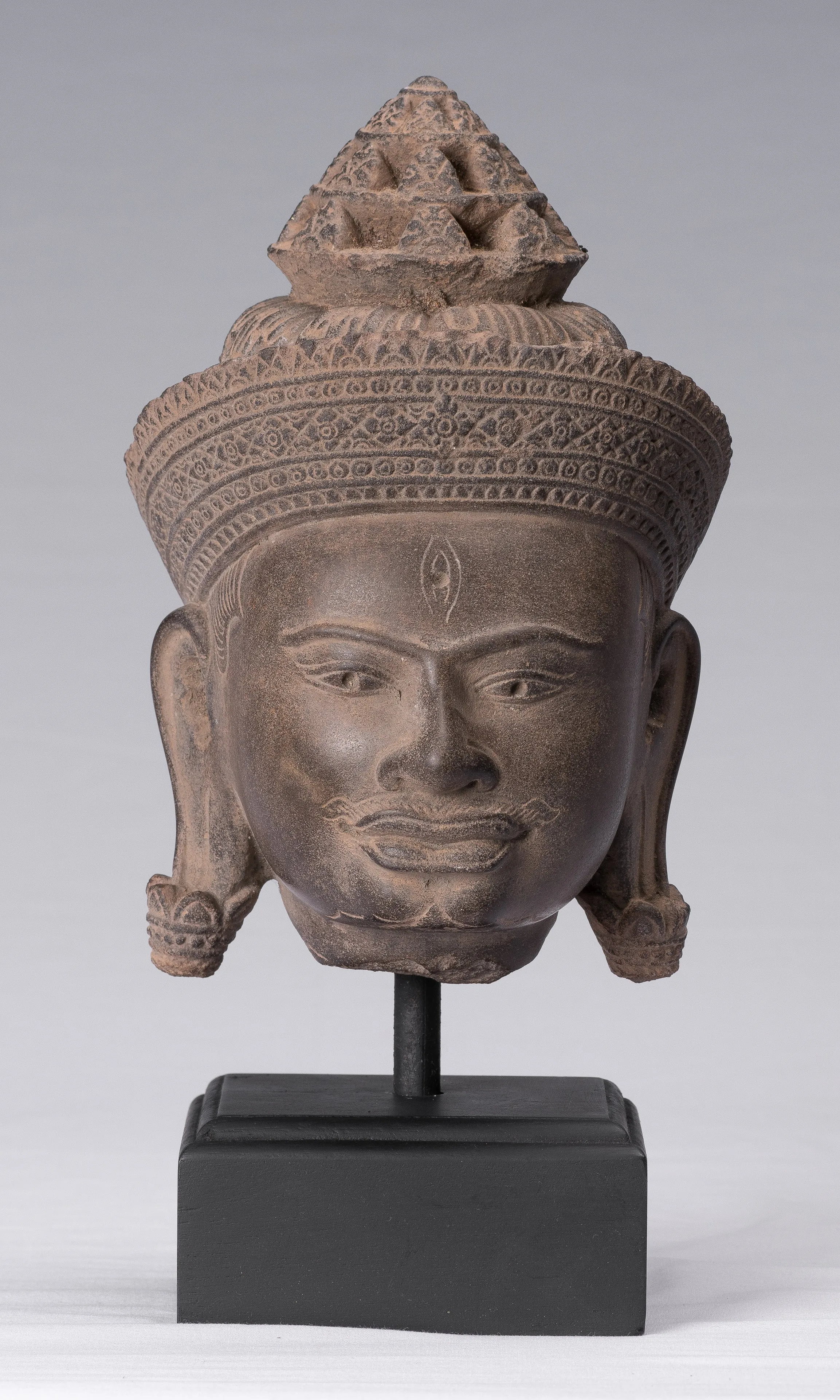 Shiva Statue - Antique Banteay Srei Style Khmer Stone Shiva Statue Head - Destroyer - 31cm/12"