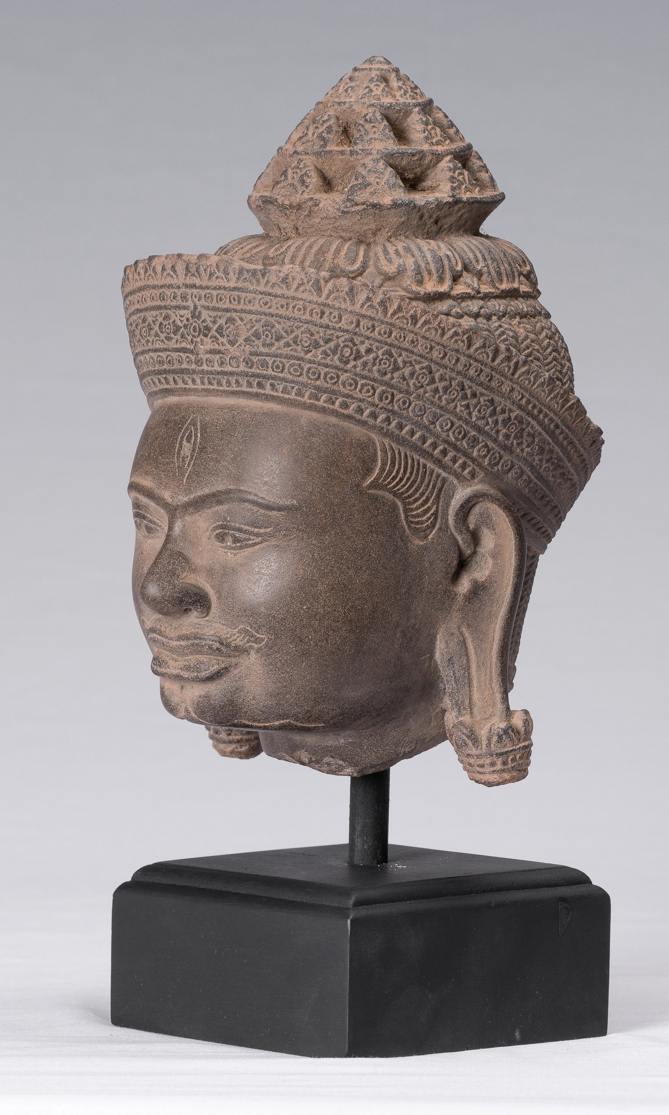 Shiva Statue - Antique Banteay Srei Style Khmer Stone Shiva Statue Head - Destroyer - 31cm/12"