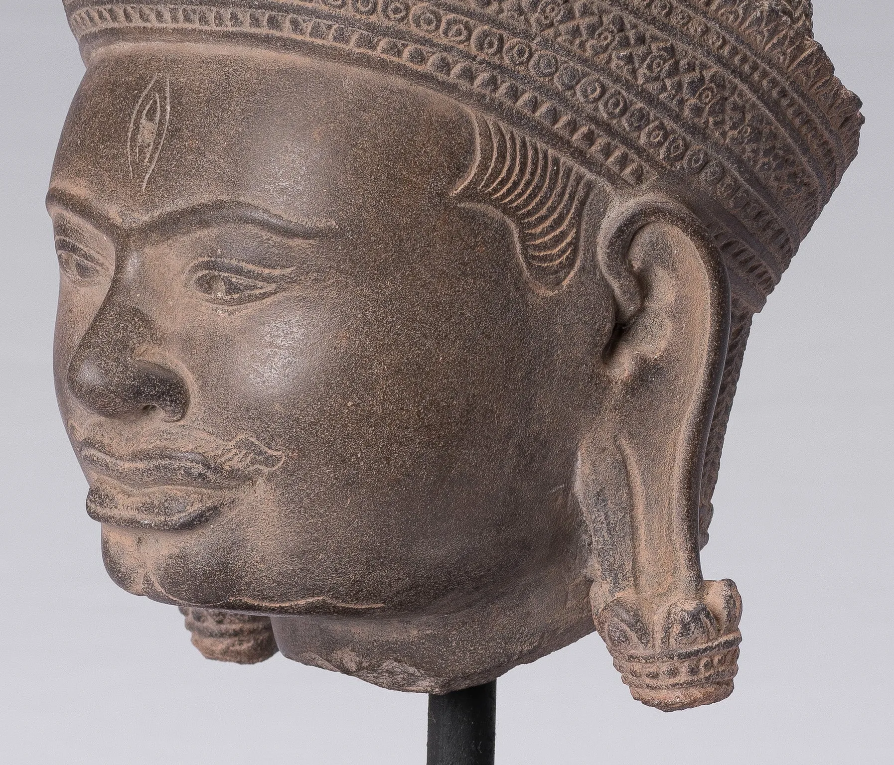 Shiva Statue - Antique Banteay Srei Style Khmer Stone Shiva Statue Head - Destroyer - 31cm/12"