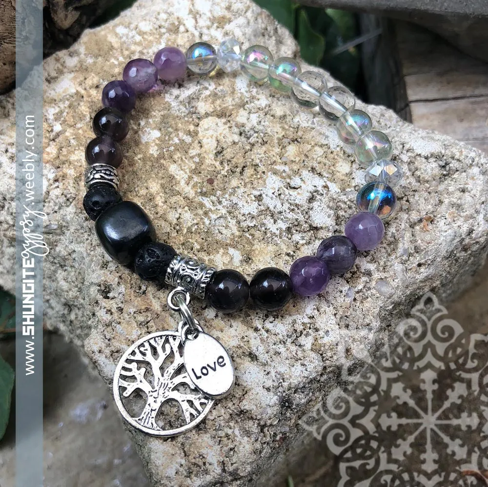 Shungite Amplified Chakra Bracelet [#28G] ~ CROWN ~ Medium ~ Tree of Life and LOVE Charms