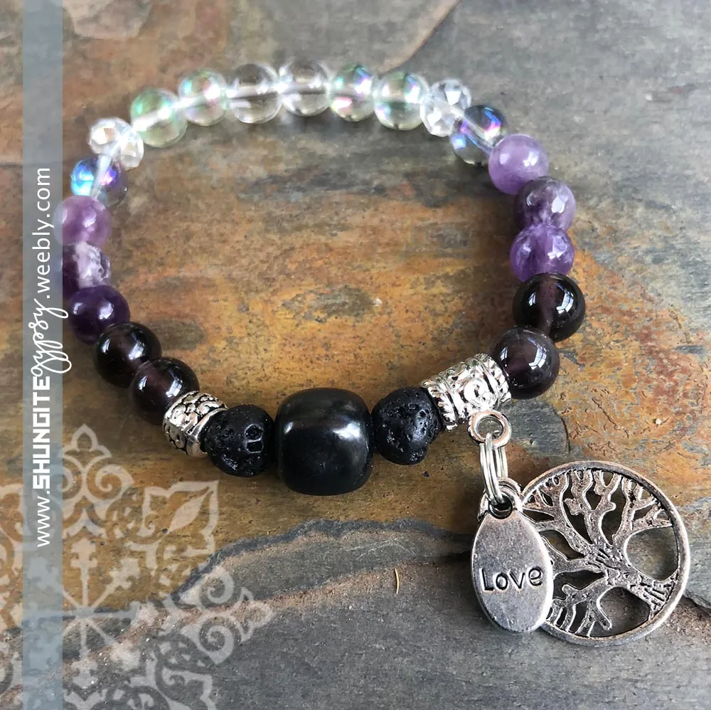 Shungite Amplified Chakra Bracelet [#28G] ~ CROWN ~ Medium ~ Tree of Life and LOVE Charms