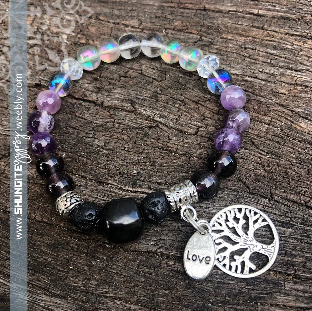 Shungite Amplified Chakra Bracelet [#28G] ~ CROWN ~ Medium ~ Tree of Life and LOVE Charms