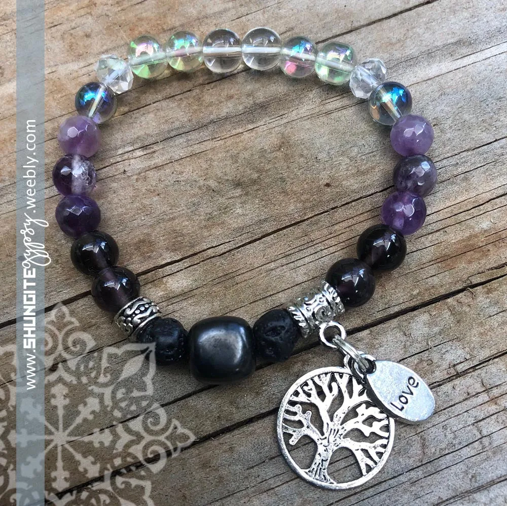 Shungite Amplified Chakra Bracelet [#28G] ~ CROWN ~ Medium ~ Tree of Life and LOVE Charms