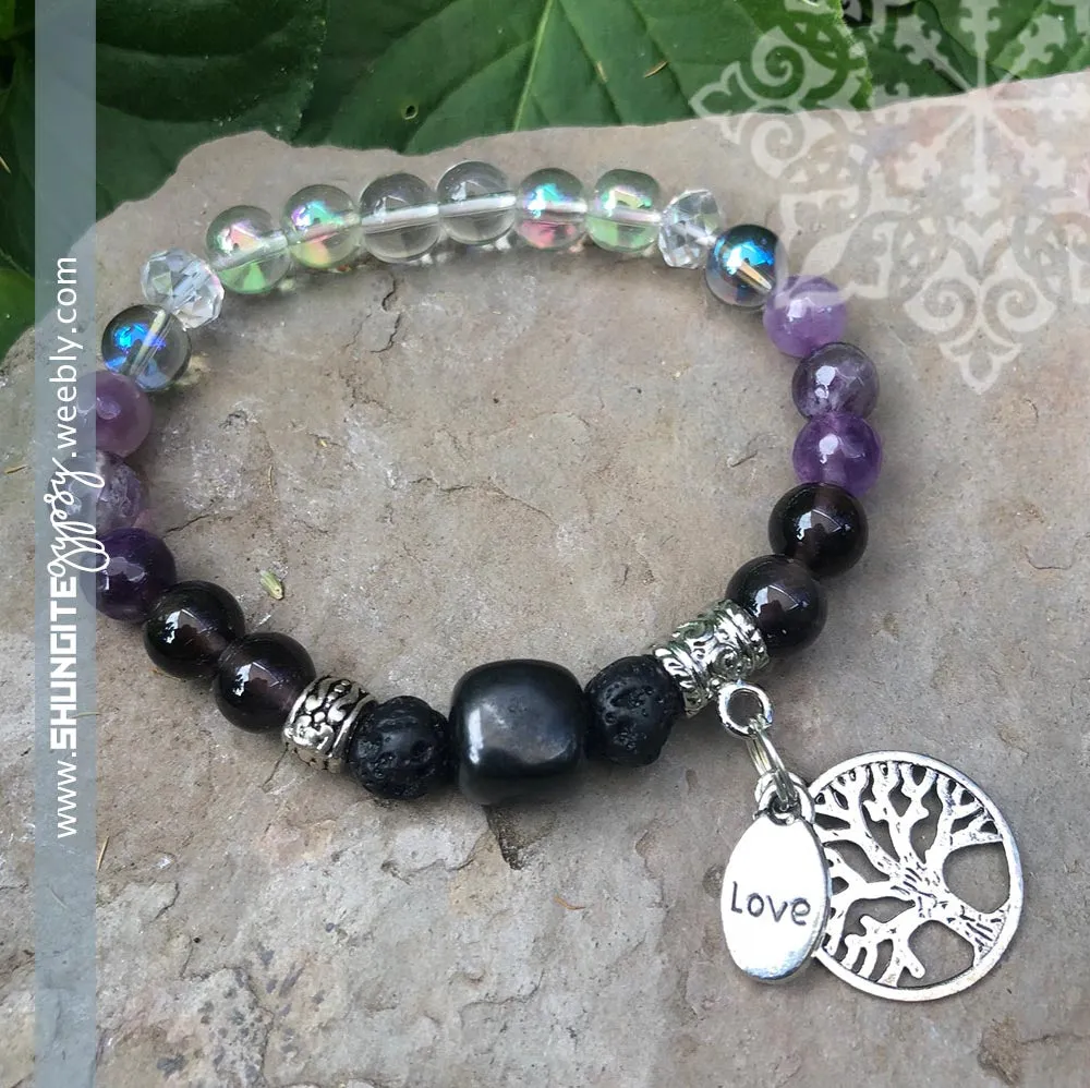Shungite Amplified Chakra Bracelet [#28G] ~ CROWN ~ Medium ~ Tree of Life and LOVE Charms