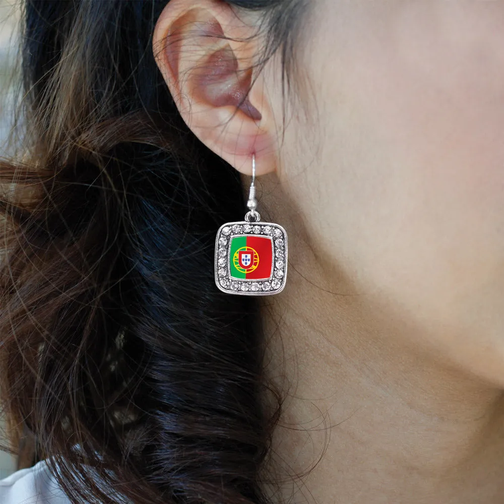 Silver Portugal Flag Square Charm Dangle Earrings