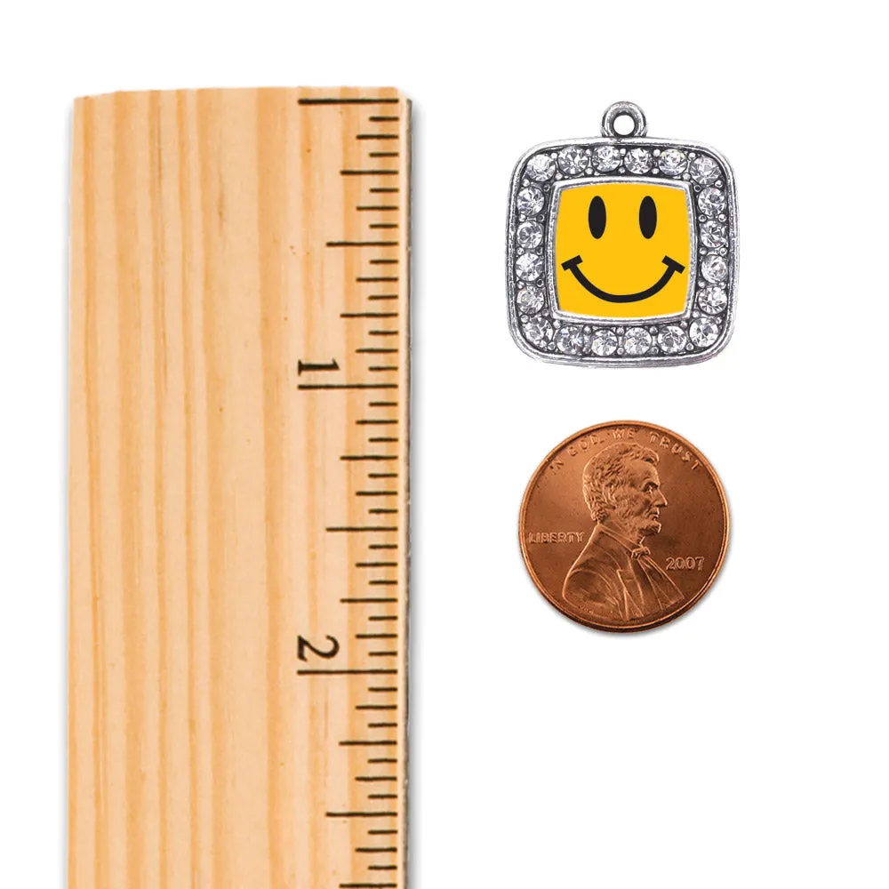 Silver Smiley Face Square Charm Dangle Earrings