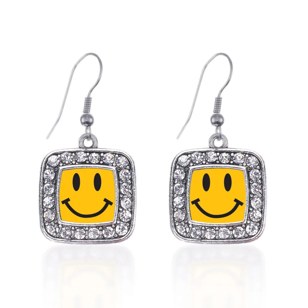 Silver Smiley Face Square Charm Dangle Earrings