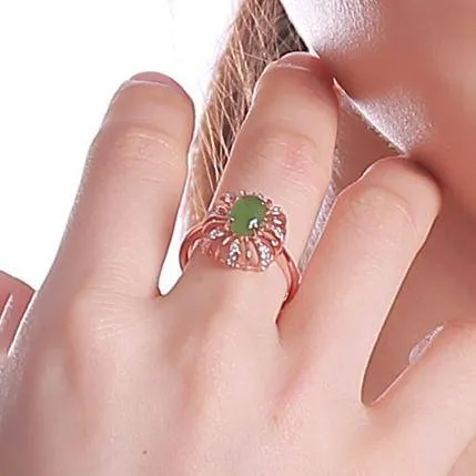 Sterling Silver Rose Gold Plated Genuine Green Nephrite Jade Ring