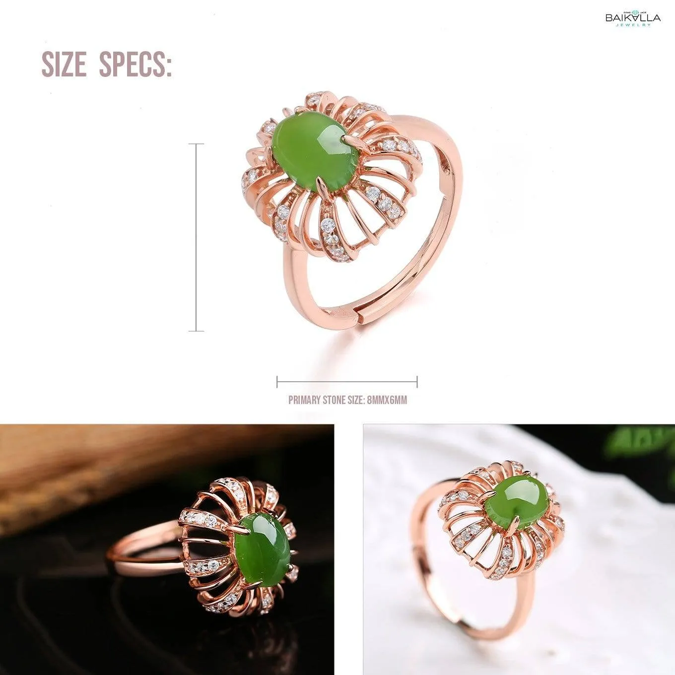 Sterling Silver Rose Gold Plated Genuine Green Nephrite Jade Ring