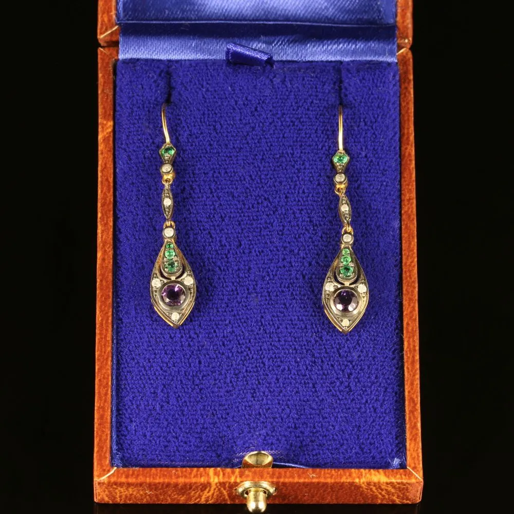 Suffragette Earrings Emerald Amethyst Diamond