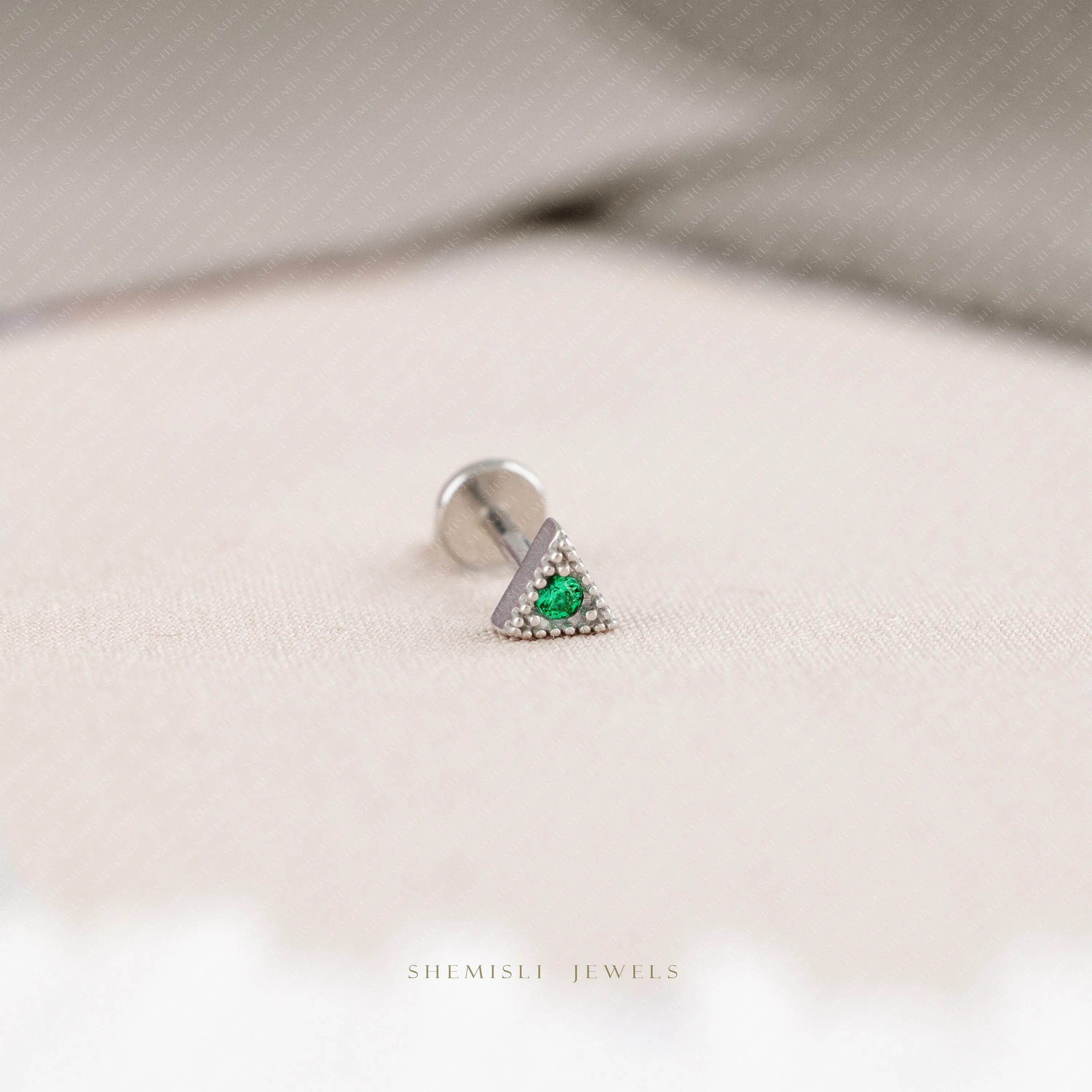Tiny Triangle Emerald Stone Threadless Flat Back Earrings, 20,18,16ga, 5-10mm, Unisex, Surgical Steel, SHEMISLI SS555