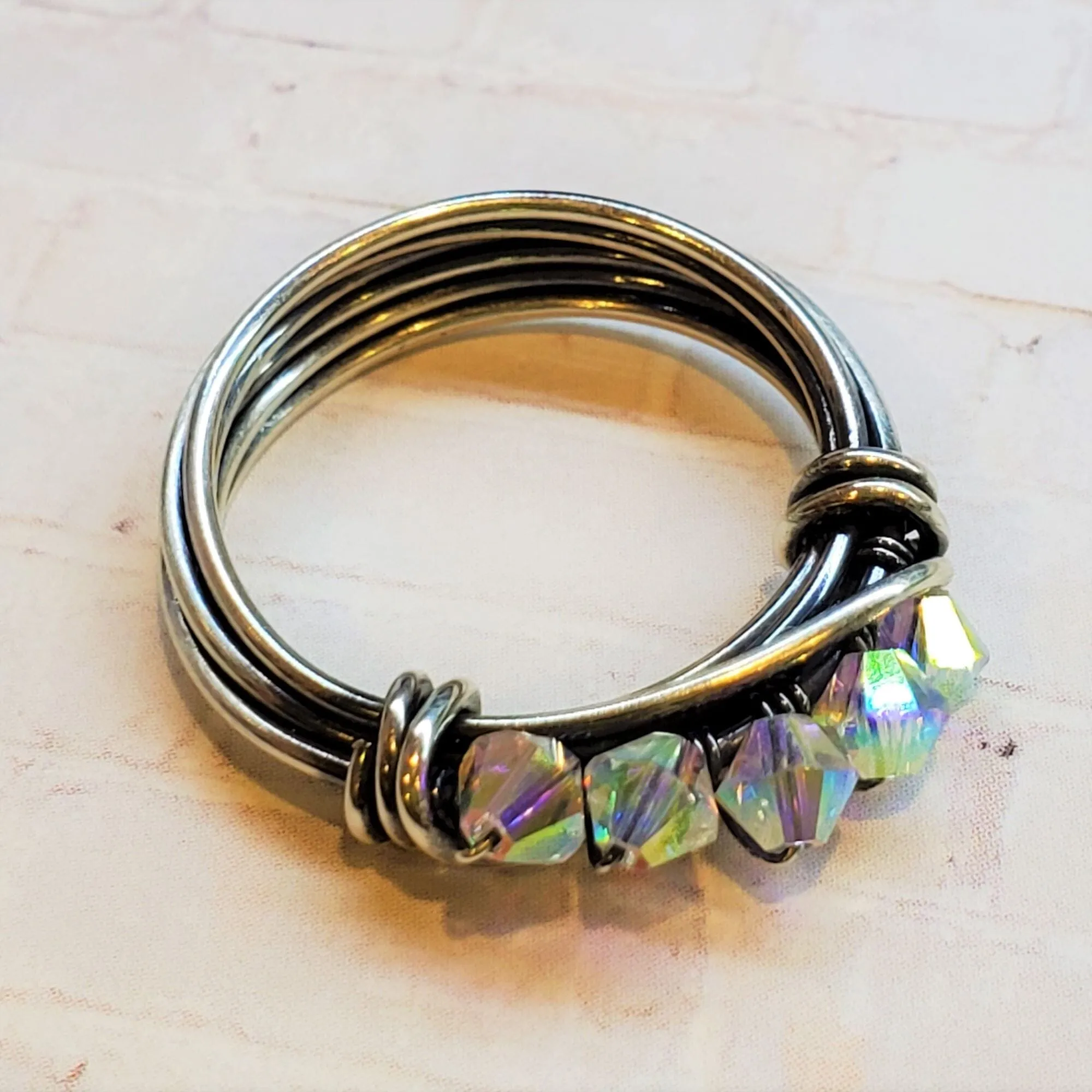 Wire Wrapped Antiqued  Silver Super Sparkly Multi Band Bling Ring