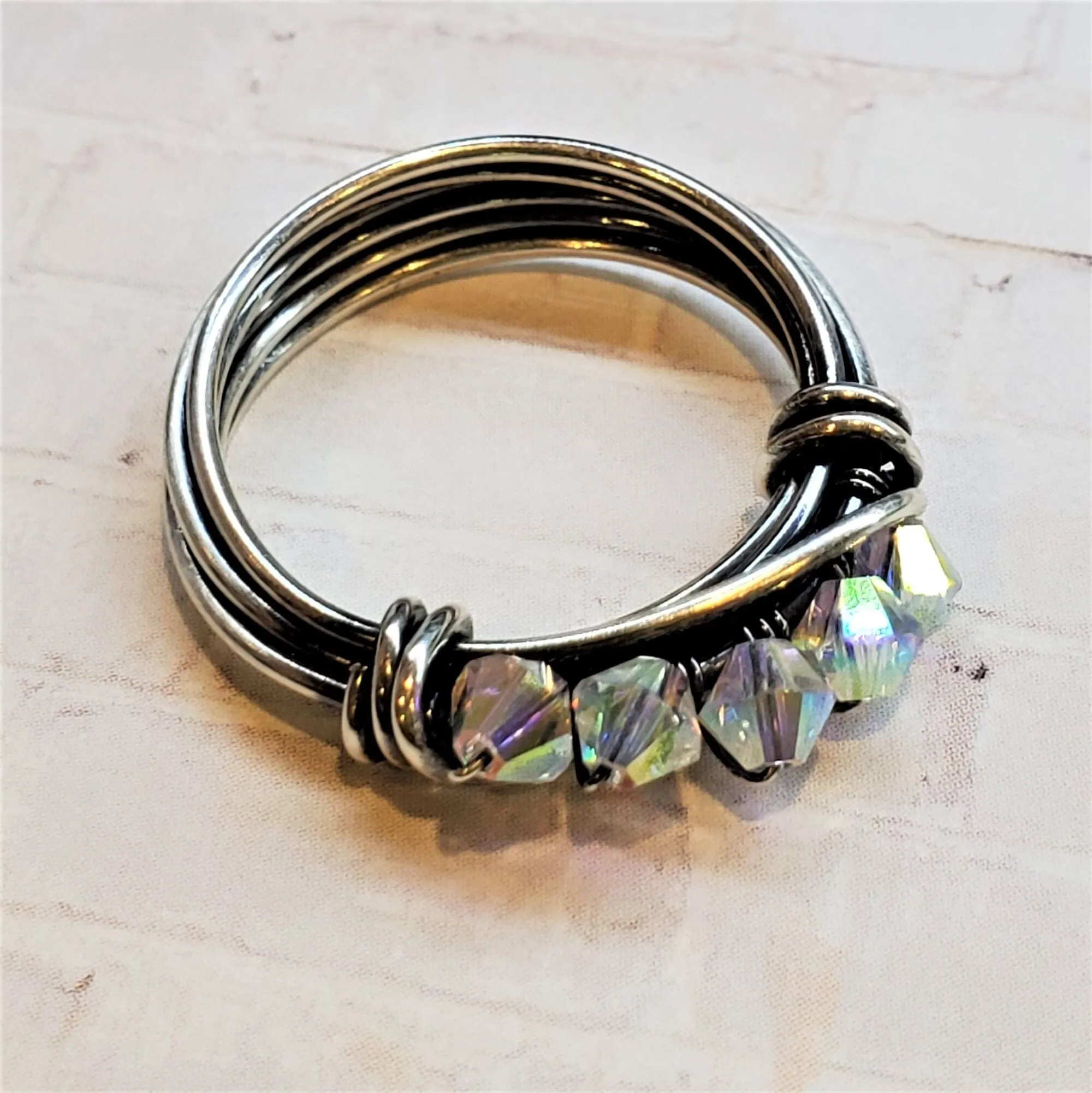 Wire Wrapped Antiqued  Silver Super Sparkly Multi Band Bling Ring
