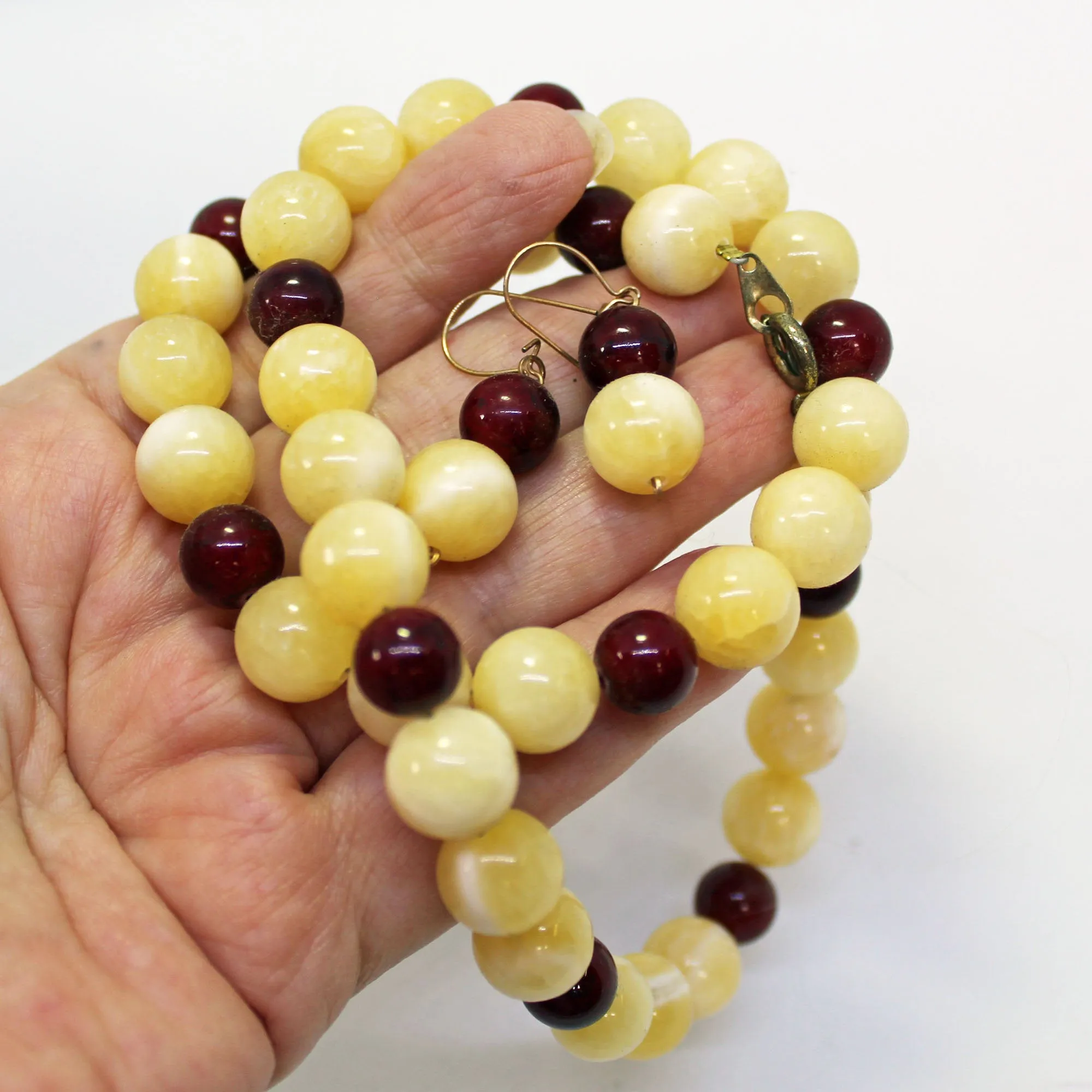 Yellow Calcite and Ruby Red Quartzite Beaded Necklace and Earrings Set