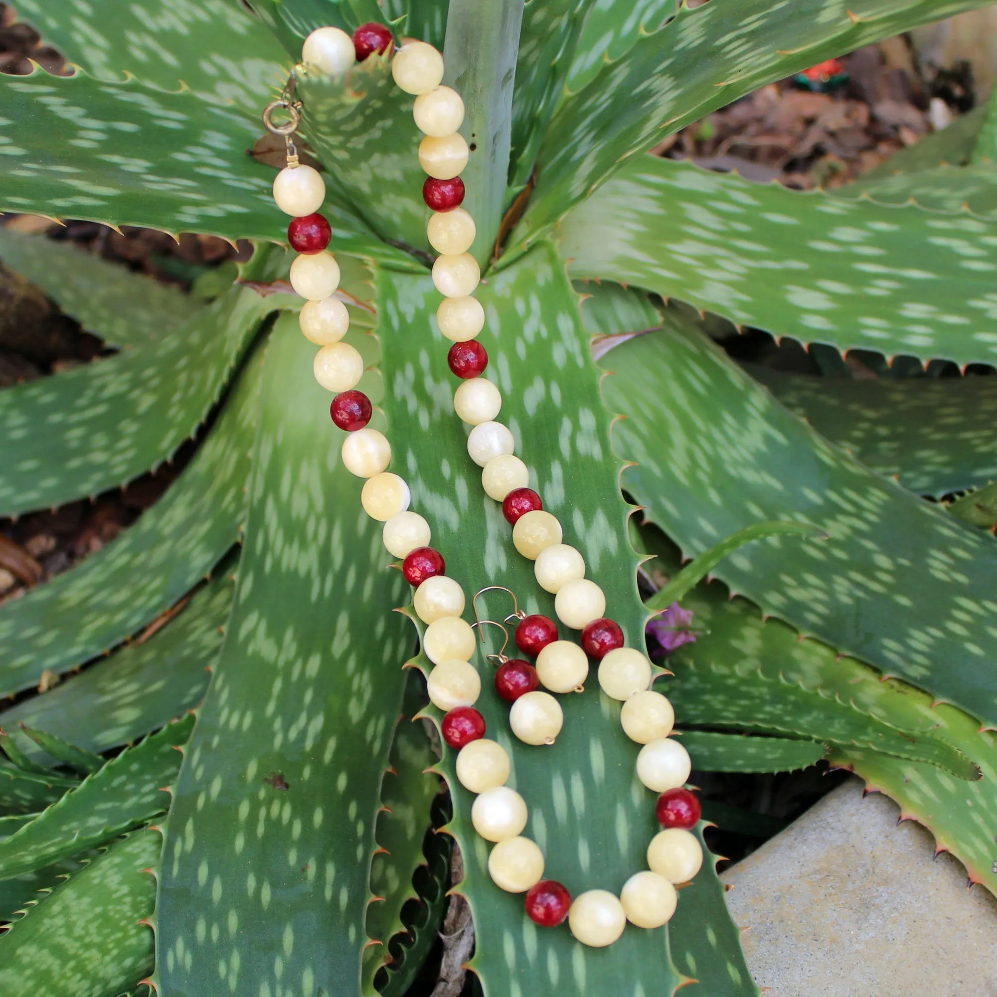 Yellow Calcite and Ruby Red Quartzite Beaded Necklace and Earrings Set